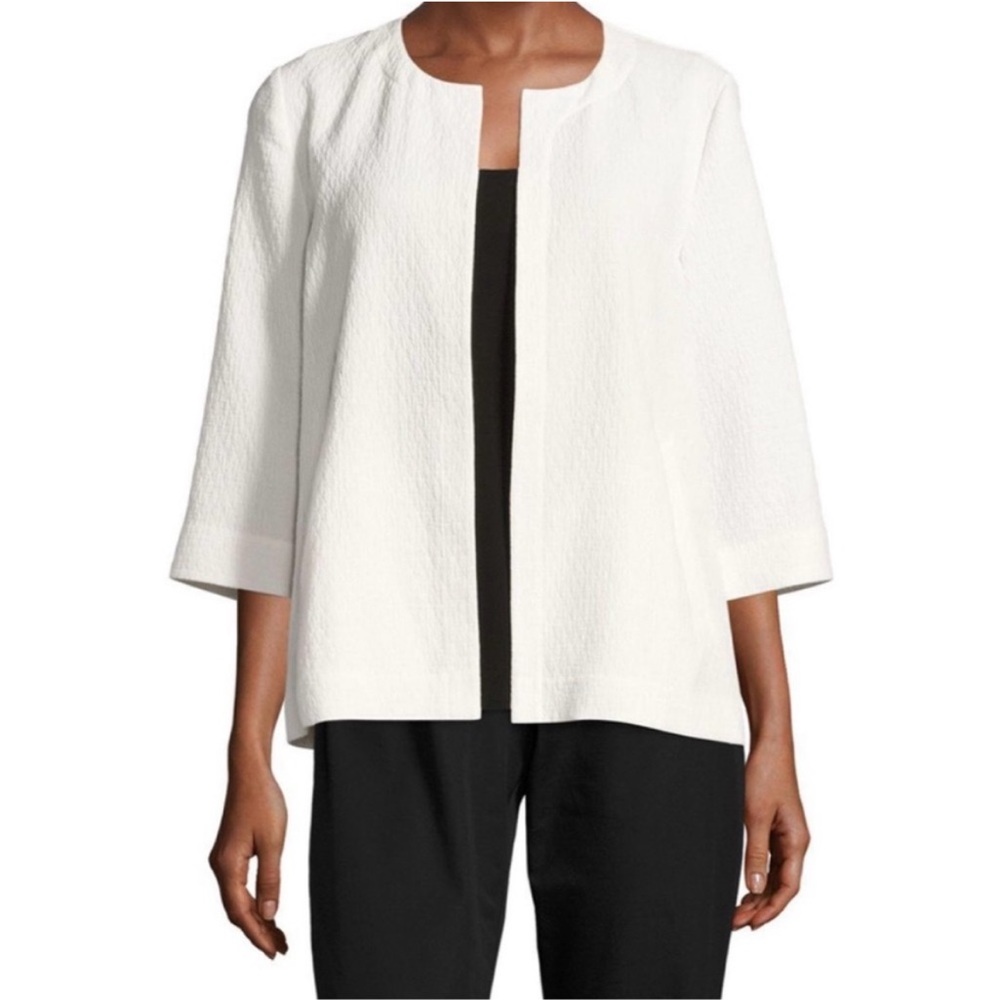 Eileen Fisher Organic Cotton Double Weave White Crinkle 3/4 sleeve Jacket sz SP